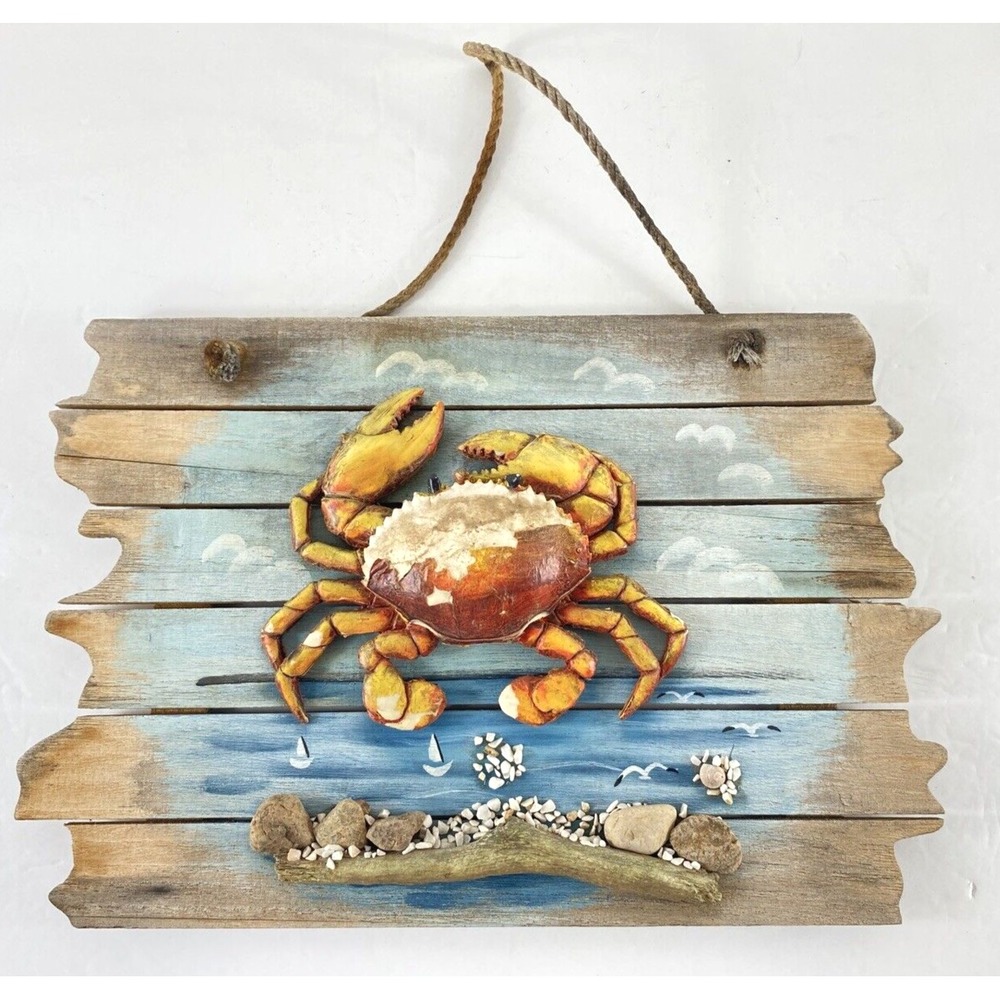 Vintage Crab Sign Hanging Ocean Decor Wall Art Hand Made / Painted 17" x 15"